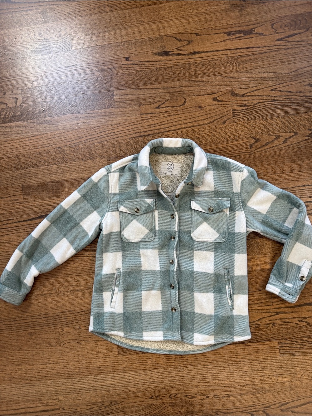 Sage Plaid Sherpa-Lined Button-Up Jacket in Mint & White